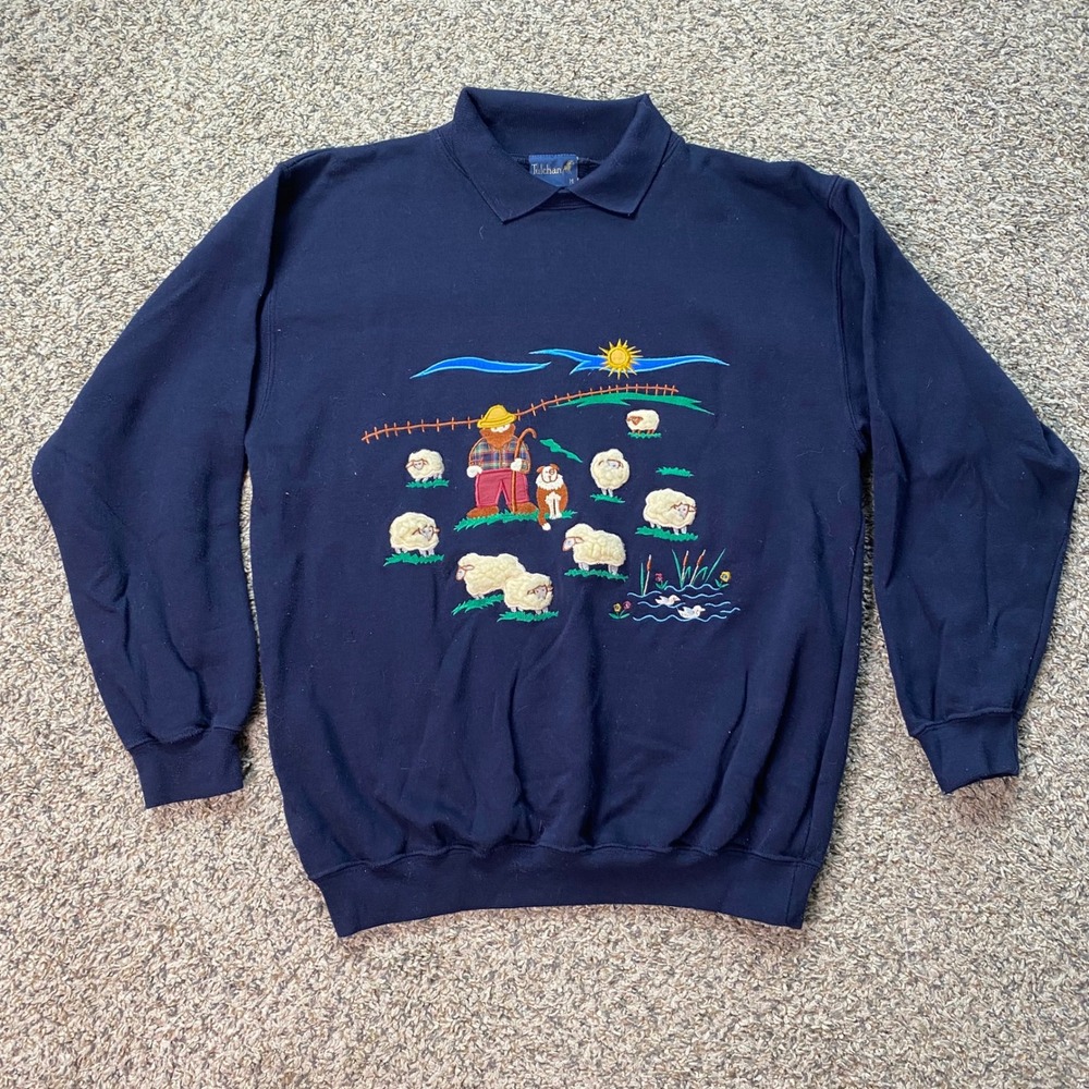 Tulchan Sweatshirt Mens M Navy Blue Shepherd Sheep Farm Embroidered Polo Collar